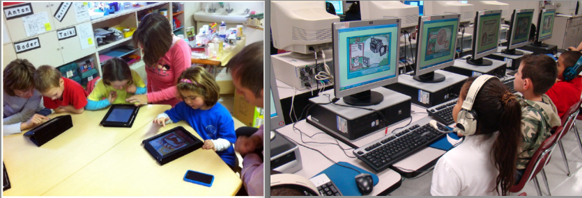 The vision for 21st century education (mobile technology in the classroom with students working collaboratively to create) and a baby-step toward it (older machines in a computer lab with students working in isolation as consumers of information.)