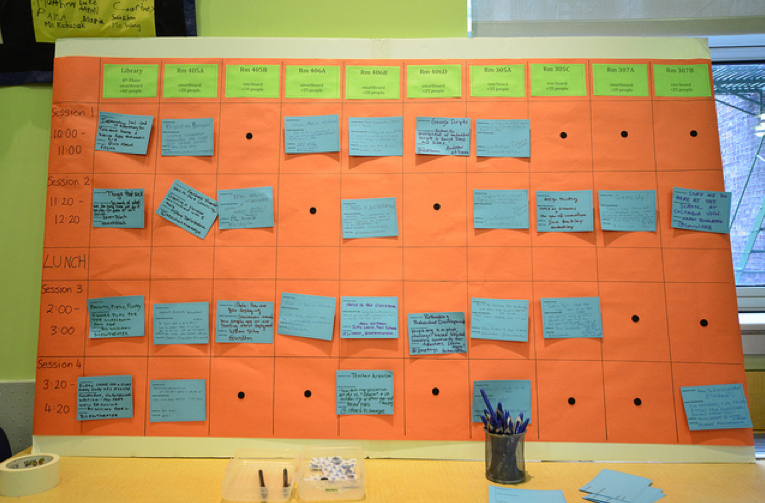 While the supporting resources use every tech tool available, many participants chose to go low-tech, using the index cards on a bulletin board to choose their sessions and conducting/attending sessions with only a notebook and pencil as an aid. EdCamps are for ALL educators at every range of tech proficiency!