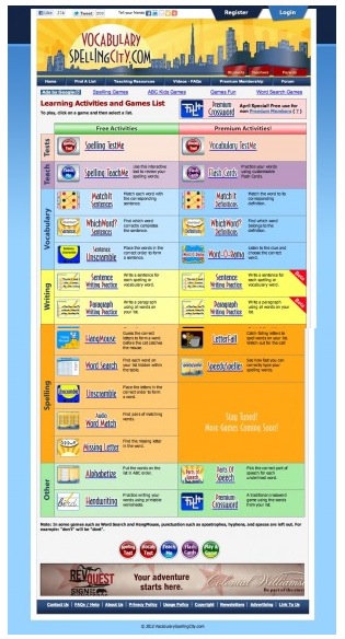 A screenshot of all the free and premium spelling games on the site.