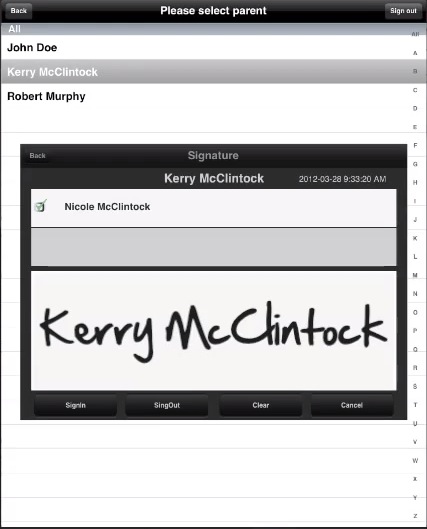 This is a screenshot example of what the parent sees once s/he checks in via the app. The parent selects which designated caregiver they are, and then signs with their finger once the child has been brought outside to them.