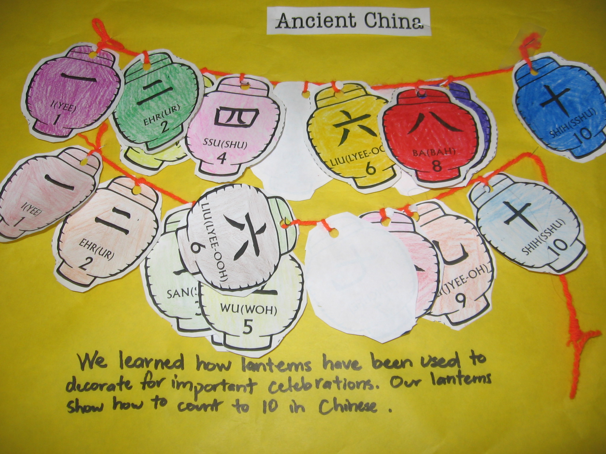 Our studies of ancient China included watching a short video and reading a book about the Chinese New Year, then making these lanterns.